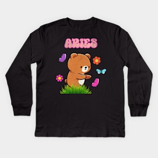 Vintage Aries Teddy Bear Zodiac Sign Astrology Cute Butterfly Kids Long Sleeve T-Shirt